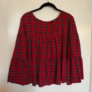 Madewell red plaid bell-sleeve blouse